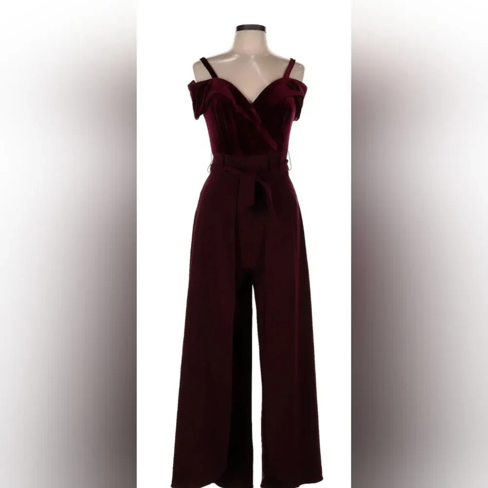 Addison Evenings Burgundy Velvet Open Leg Jumpsuit Size 10